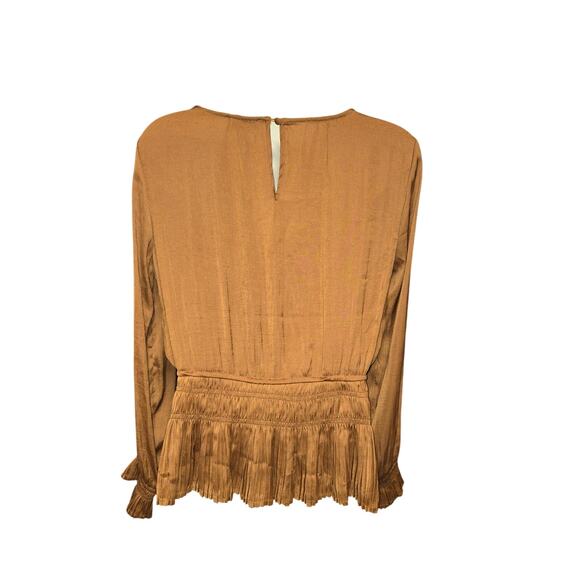 T Tahari Womens Small Blouse Brown Smocked Long Sleeve Pleated Boho Festival - Picture 4 of 10